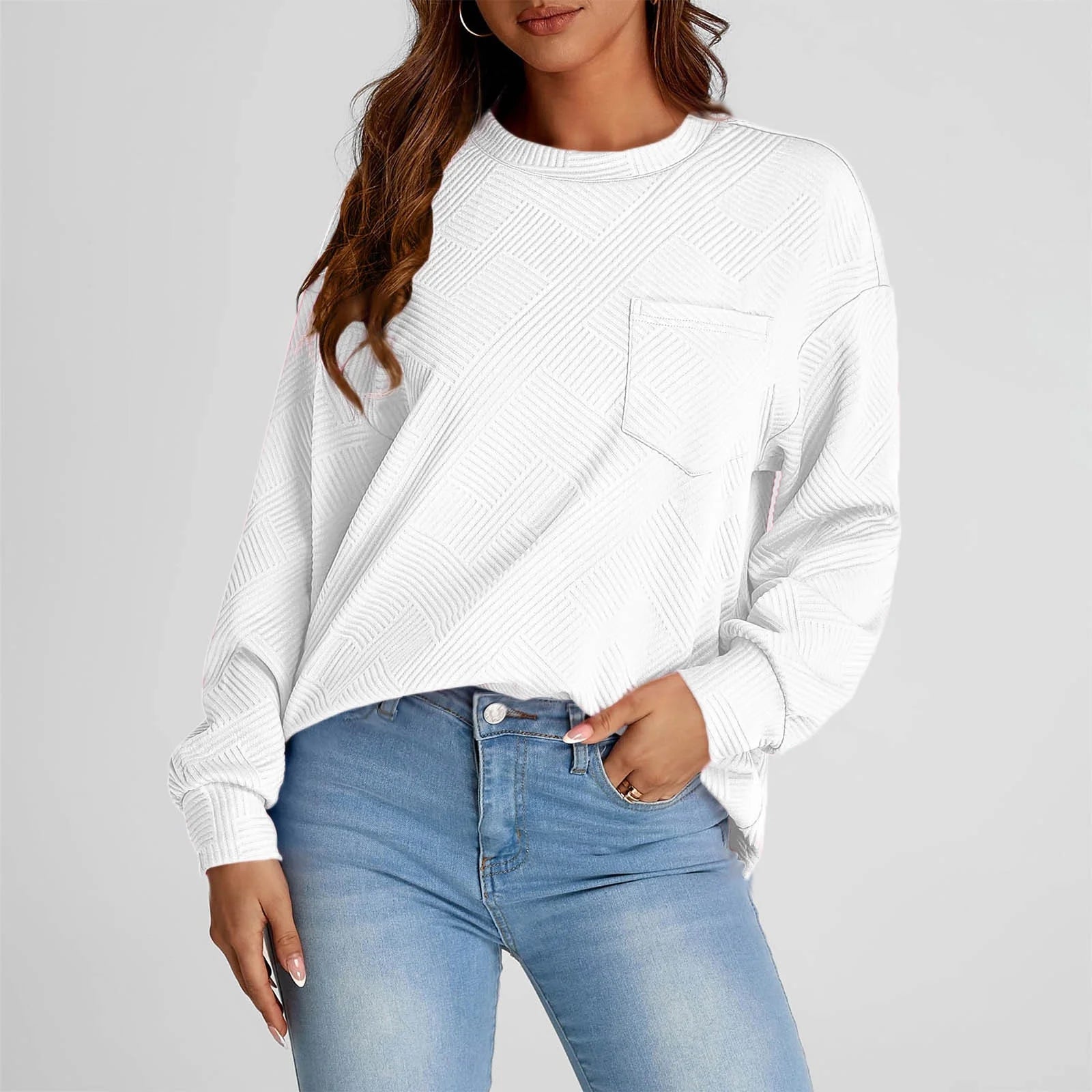 Women'S Casual Textured Sweatshirts 2024 Fall Winter Long Sleeve Blouse Drop Shoulder Crew Neck Pullover Tops with Pocket under $10 White,L
