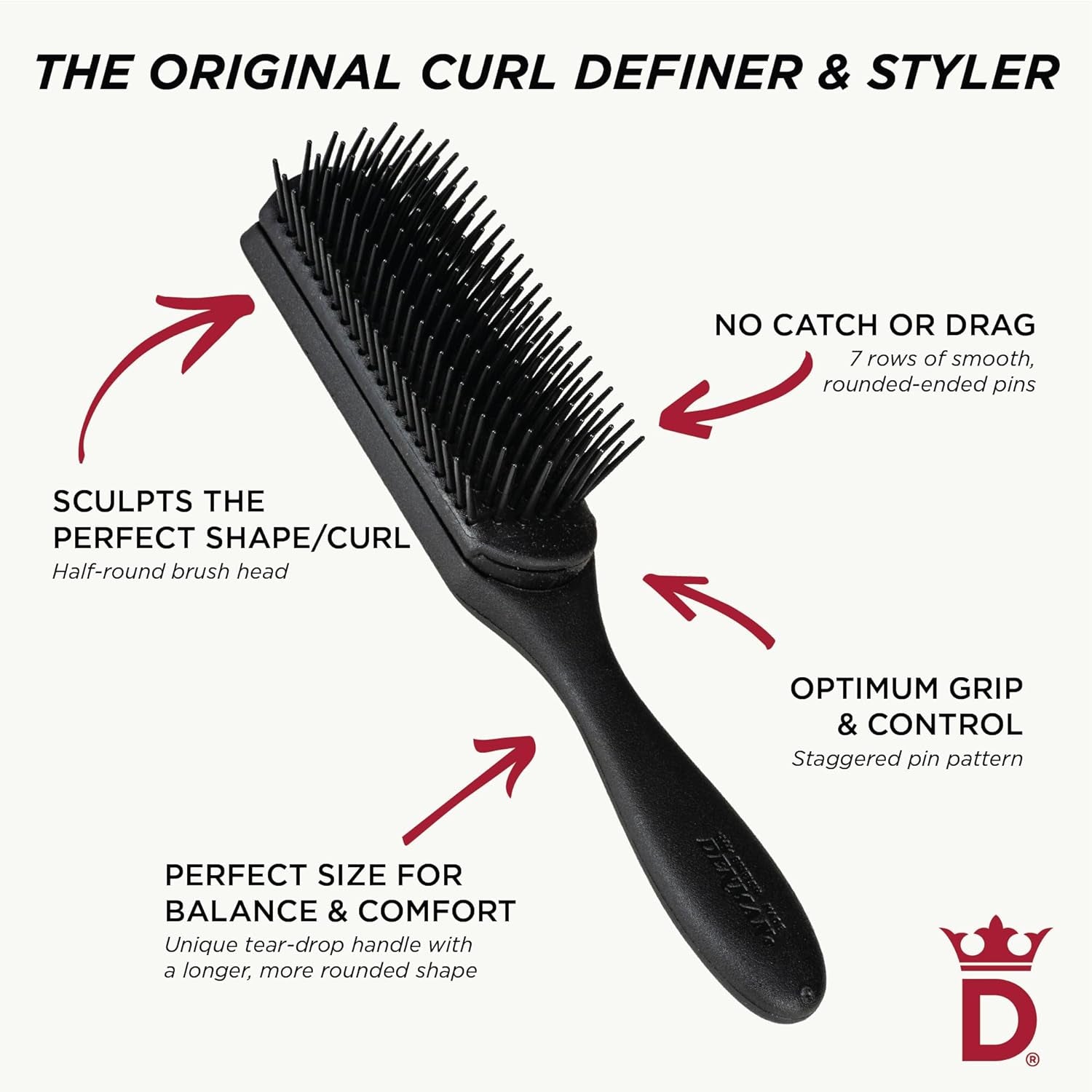 D3 Original Curl Definer & Styler, Curly Hair Brush for Women & Men – 7 Row Detangling & Curl Defining Brush for Smooth Defined Curls - a Precision Styling Brush for Straight Hair