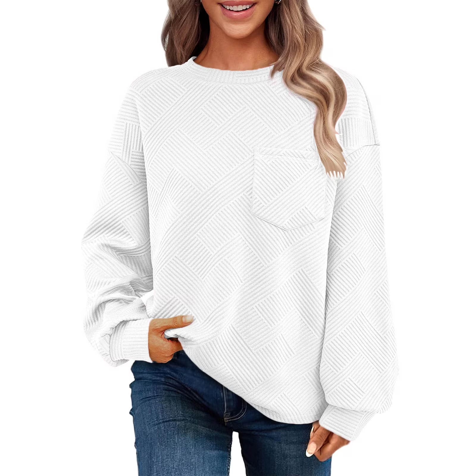 Women'S Casual Textured Sweatshirts 2024 Fall Winter Long Sleeve Blouse Drop Shoulder Crew Neck Pullover Tops with Pocket under $10 White,L