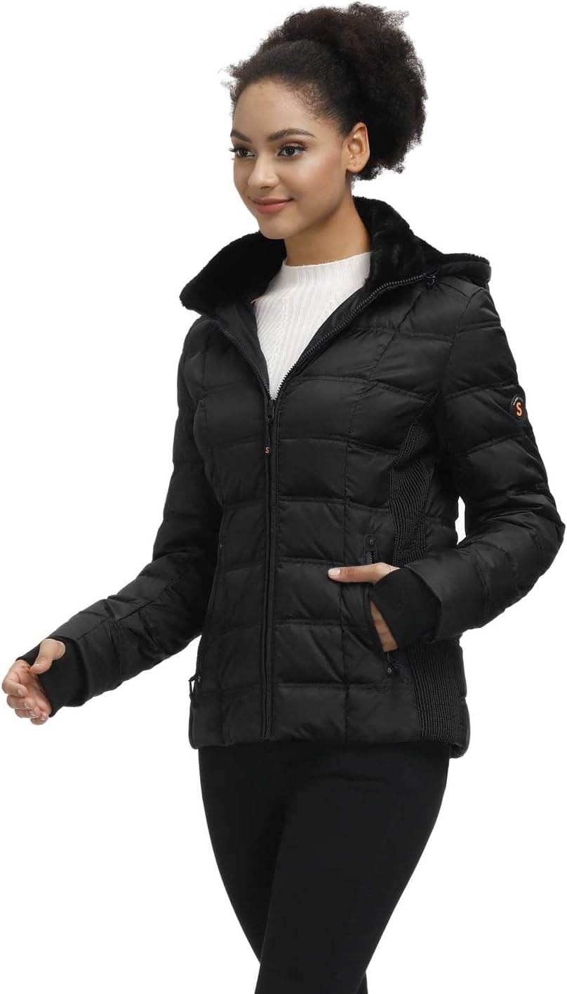 Women down Puffer Jacket Warm Hooded Winter down Puffer Coat with Faux-Fur Hood & Collar